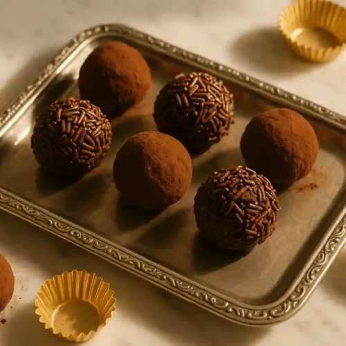 Trufas de chocolate caseras con diferentes coberturas de cacao y fideos de chocolate en bandeja elegante