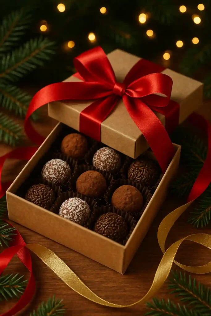 Trufas de chocolate caseras en caja regalo decorada para Navidad con adornos festivos