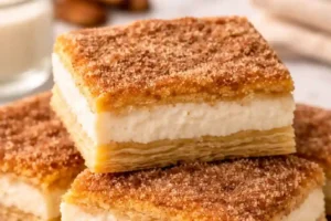 Barras de cheesecake de churros apiladas con cobertura de canela y azúcar mostrando capas crujientes y relleno cremoso