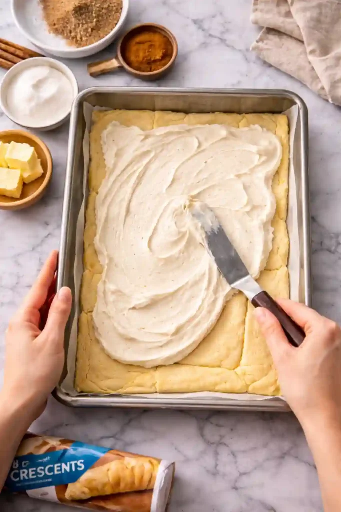 Extendiendo el relleno de queso crema sobre la base de masa en molde rectangular para preparar cheesecake de churros