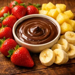Frutas frescas variadas dispuestas alrededor de fondue de chocolate derretido para sumergir - Fondue de Chocolate con Frutas