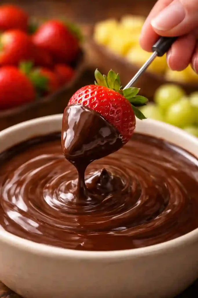 Fresa siendo sumergida en fondue de chocolate derretido con tenedor de fondue