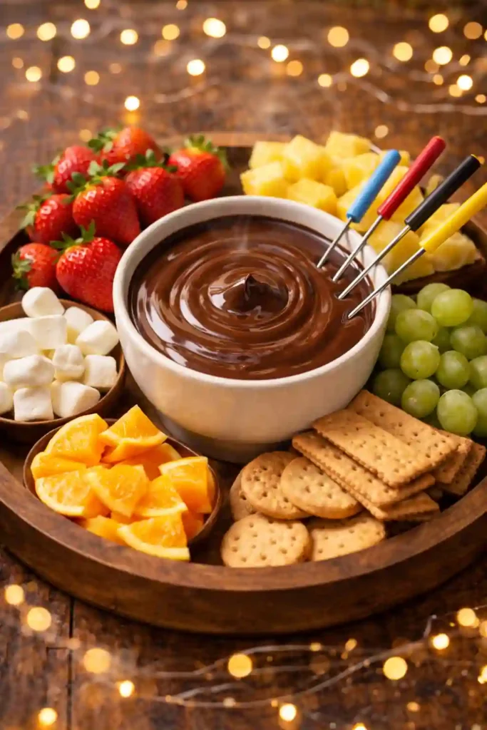 Presentación elegante de fondue de chocolate con variedad de opciones para sumergir