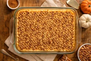 Pastel crujiente de calabaza keto con cobertura dorada de pecanas en molde de vidrio