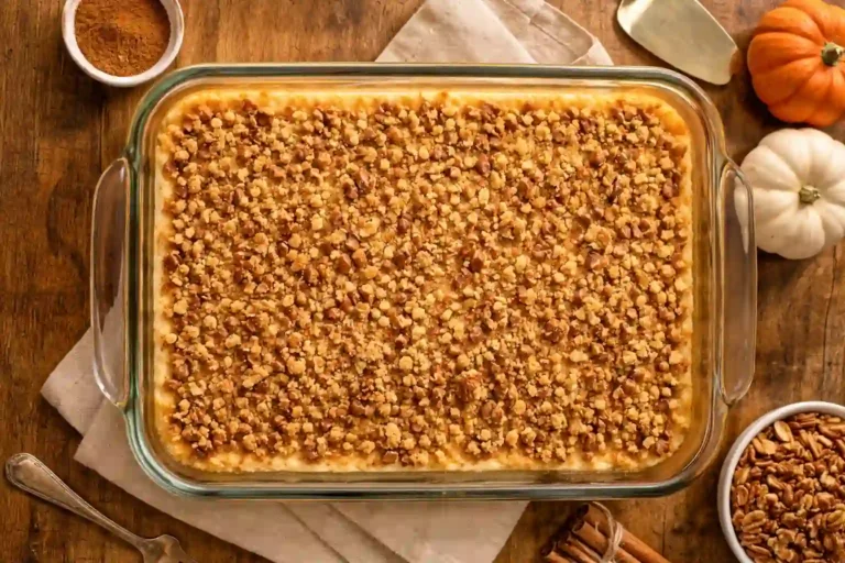 Pastel crujiente de calabaza keto con cobertura dorada de pecanas en molde de vidrio