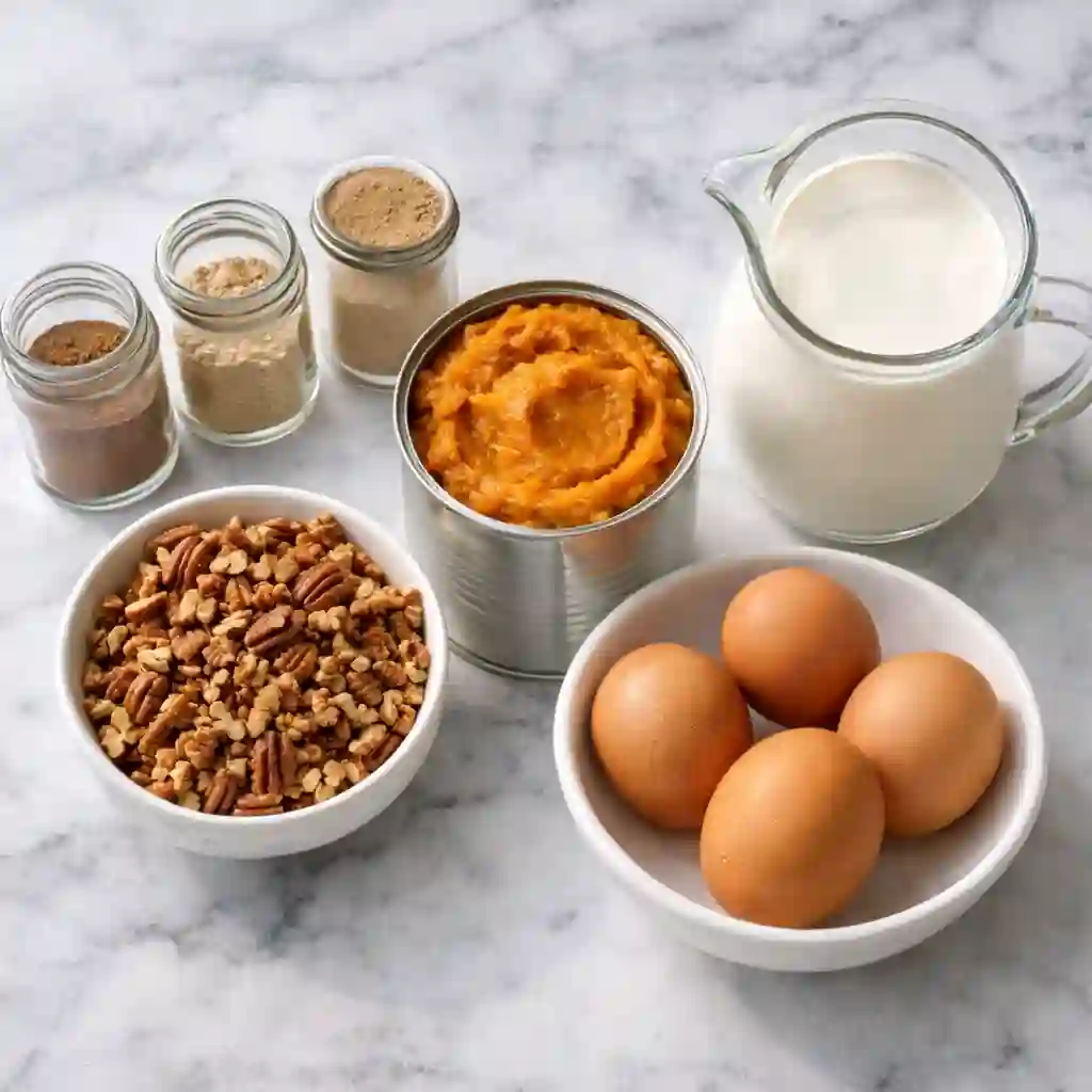 Ingredientes frescos para preparar pastel crujiente de calabaza keto sobre mármol blanco