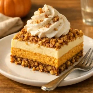 Porción de pastel keto de calabaza con crema batida mostrando capas cremosas y crujientes