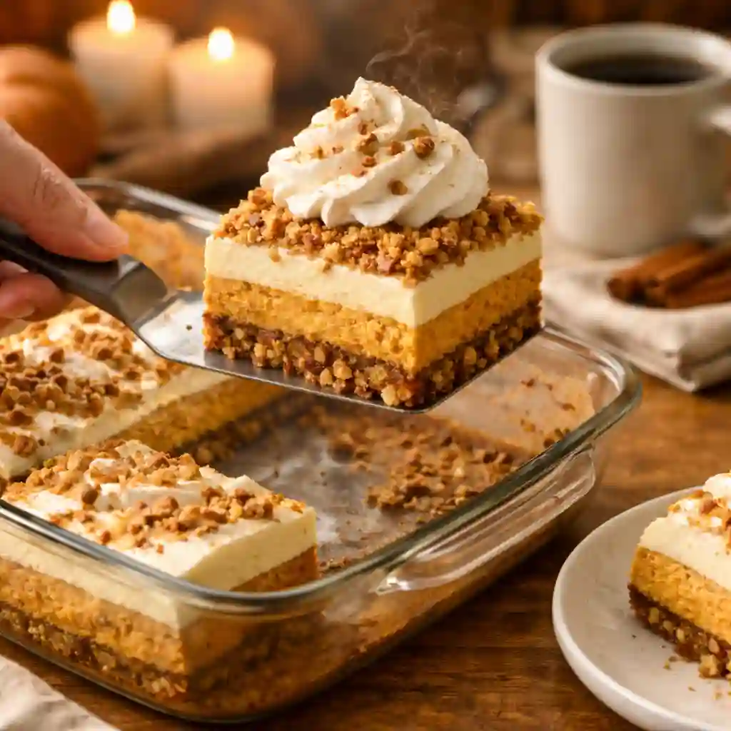 Sirviendo pastel crujiente de calabaza keto recién horneado con espátula en ambiente acogedor