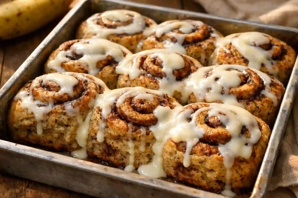 Rollitos de canela con plátano glaseados sobre bandeja de hornear
