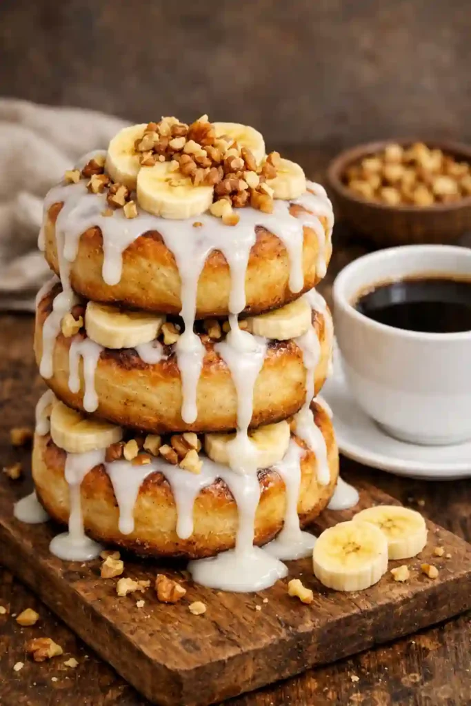 Rollitos de canela con plátano servidos con café caliente